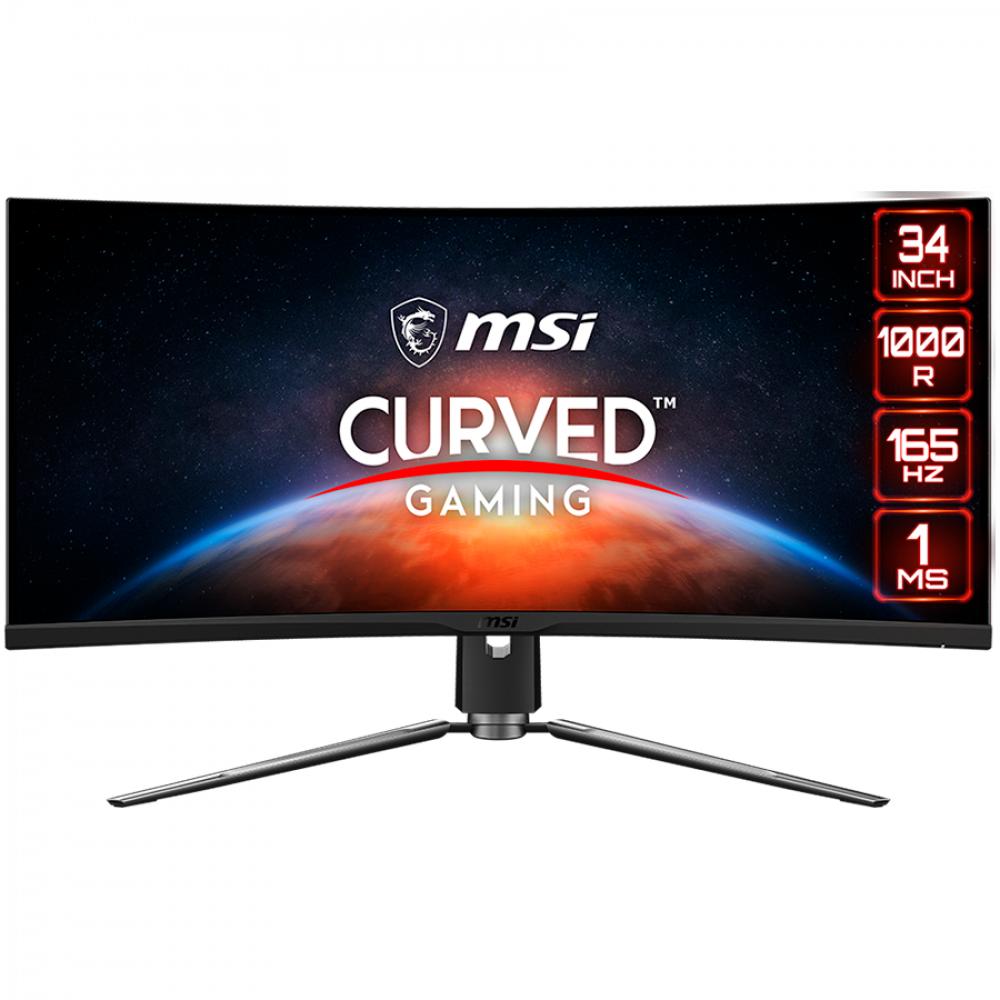 MSI MPG ARTYMIS 343CQR Curved Gaming Monitor, 34" 165Hz, UWQHD (3440 x 1440) 21:9, VA Anti-glare, 1ms, 400nits, 3000:1, 178°/178°, HDR, 1000R Curve, Freesync, 1x DP, 2x HDMI, 1x Type-C, 2x USB 3.2 Type A, 1x Earphone out, Adjustable Stand, 3Y