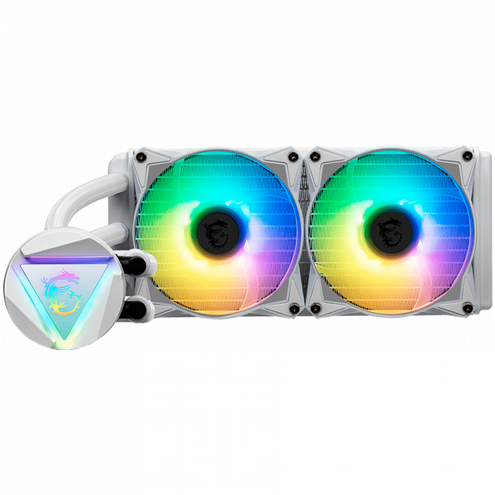 MSI MAG CORELIQUID 240R V2 White Liquid Cooler, 2x 120mm ARGB 2000rpm PWM Fans, ARGB Block, Radiator Pump Design, Rotatable Blockhead, Intel LGA 115x/1200/1700/1366/2011/2066, AMD AM5/AM4/FM2+/FM2/FM1/AM3+/AM3/AM2+/AM2, 3Y Warranty