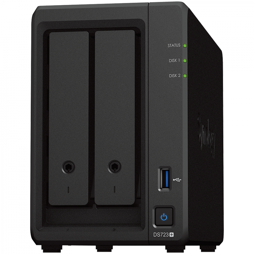 Synology DS723+, Tower, 2-Bays 3.5'' SATA HDD/SSD, 2 x M.2 2280 NVMe SSD, CPU AMD Ryzen R1600 dual-core (4-thread), max. boost up to 3.1 GHz, 2 GB DDR4 ECC SODIMM, 2 x 1GbE RJ-45, 1 X USB 3.2, 1 x eSATA, 1.51 kg, 3y