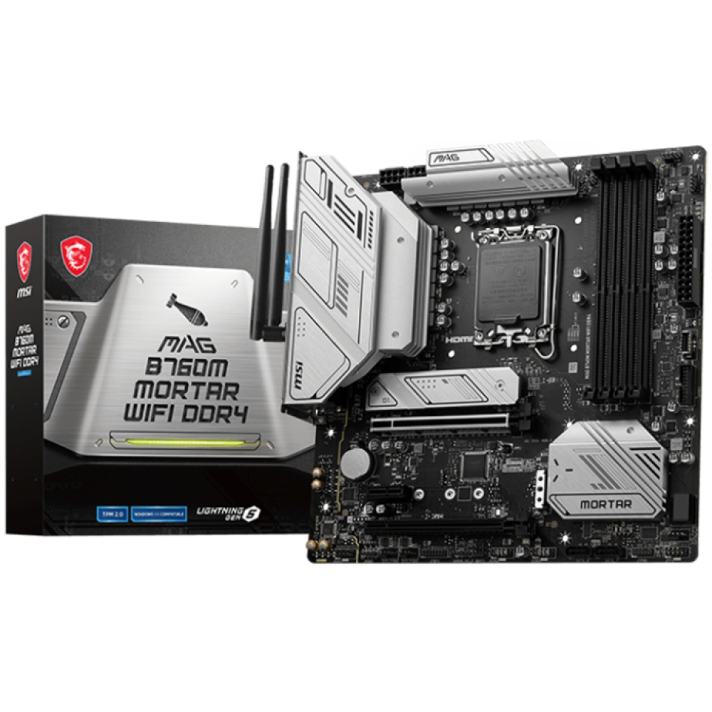 MSI MAG B760M MORTAR WIFI DDR4, mATX, Socket 1700, Dual Channel DDR4 5333(OC)MHz, 2x PCIe x16 slots, 2x M.2 slots, 1x HDMI, 1x DP, 1x USB 3.2 Gen 2x2 Type-C, 3x USB 3.2 Gen 2, 4x USB 2.0, 7.1 HD Audio, 2.5Gbps LAN, WI-FI 6E, BT, 3Y