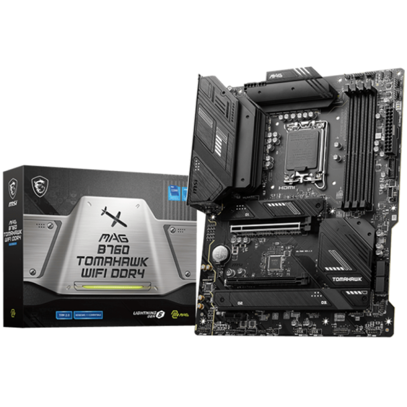 MSI MAG B760 TOMAHAWK WIFI DDR4, ATX, Socket 1700, Dual Channel DDR4 5333(OC)MHz, 2x PCIe x16 slots, 3x M.2 slots, 1x HDMI, 1x DP, 1x USB 3.2 Gen 2x2 Type-C, 4x USB 3.2 Gen 2, 4x USB 2.0, 7.1 HD Audio, 2.5Gbps LAN, WI-FI 6E, BT, 3Y