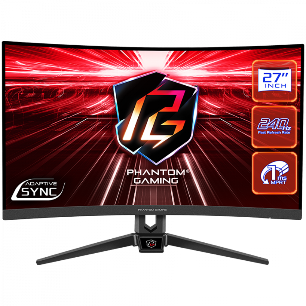 Asrock Curved Gaming Monitor, 27" FHD(1920x1080) 1500 VA, AG, 240 Hz, 113% sRGB, 16:9, 3000:1, 300 cd/m², 178º/178º, 1ms (MPRT), Flicker-free, Swivel, Tiltt Adjustment, 2x 2W Speakers, 2x HDMI 2.0, 1x DP 1.2, 1x Audio Jack (3.5mm), 3Y