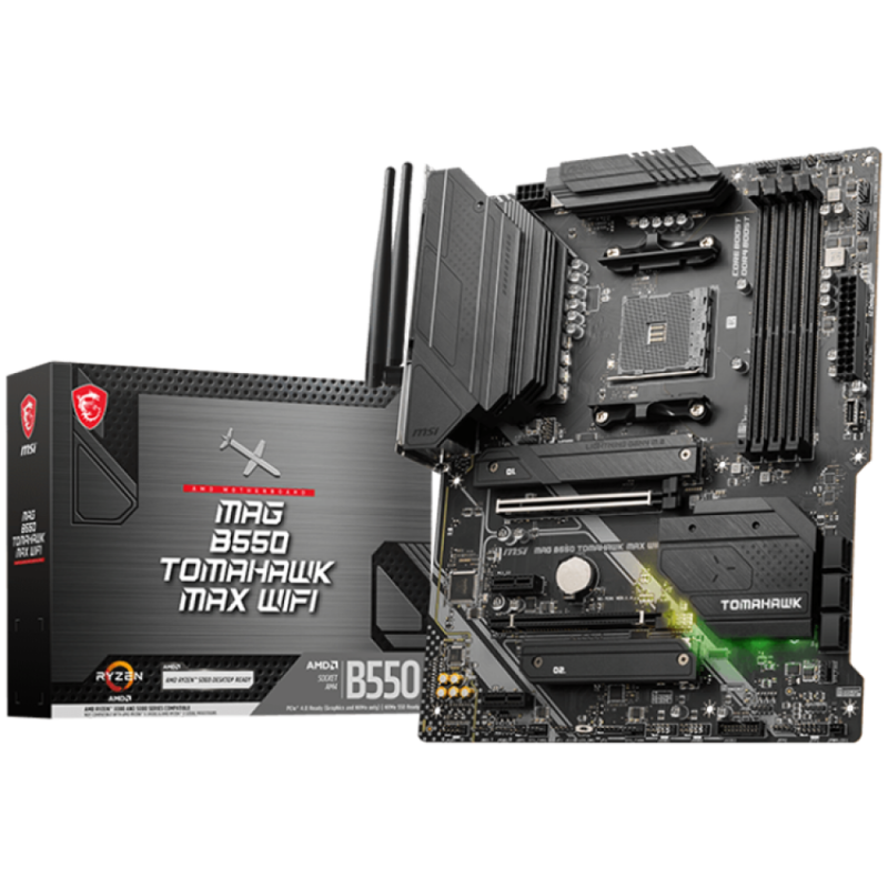 MSI MAG B550 TOMAHAWK MAX WIFI, ATX, Socket AM4, Dual Channel DDR4, 2x PCIe x16 slots, 2x M.2 slots, 1x HDMI, 1x DP, 2x USB 3.2 Gen 2, 2x USB 3.2 Gen 1, 4x USB 2.0 ports, 7.1 HD Audio, 2.5Gbps LAN, 3Y