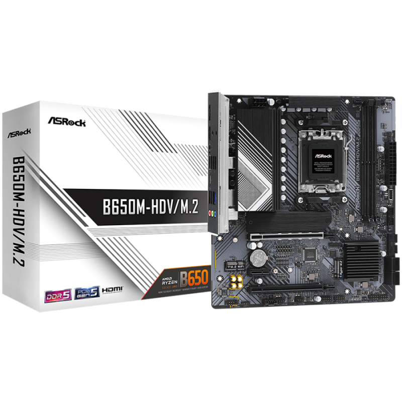 ASROCK MB Desktop B650M-HDV/M2, AM5, 2x DDR5, 2x PCIe 4.0 x16, 1x PCIe 4.0 x1, 1x Blazing M.2(PCIe Gen5x4), 1x Hyper M.2(PCIe Gen4x4), 1x M.2, 4x SATA3 6.0 Gb/s, 1x HDMI, 1x DisplayPort, 2.5G LAN, 7x USB 3.2, 8x USB 2.0, 1x USB-C