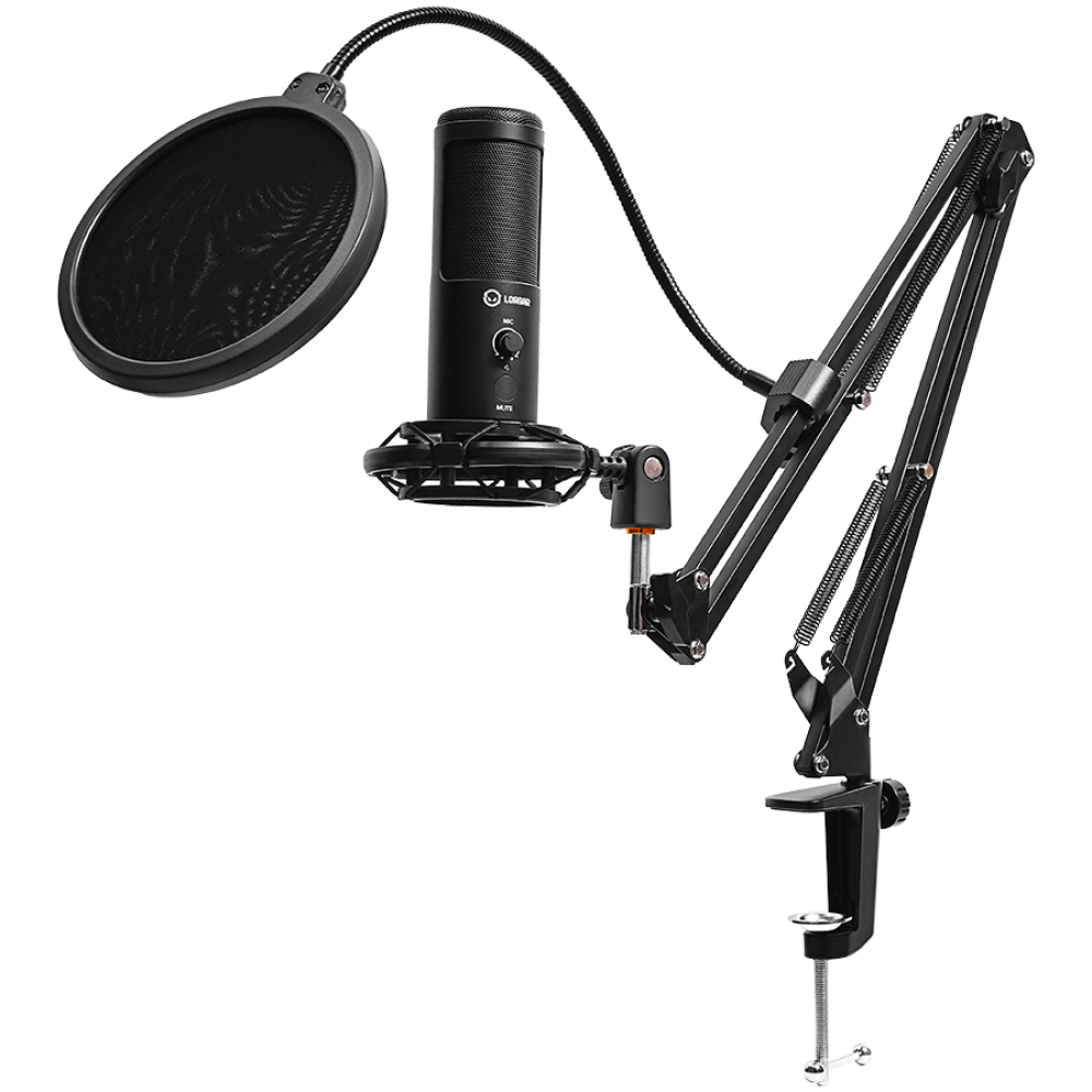 LORGAR Voicer 931, Gaming Microphone, Black, USB condenser microphone with boom arm stand, pop filter, tripod stand. including 1* microphone, 1*Boom Arm Stand with C-clamp, 1*shock mount, 1*pop filter, 1*windscreen cap, 1*2.5m type-C USB cable, 1* Extra tripod