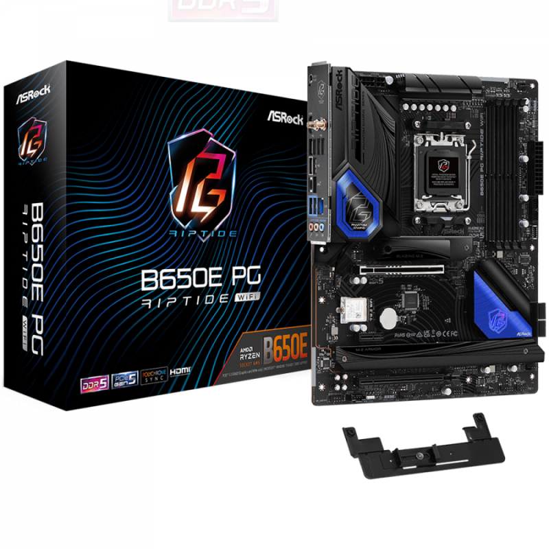 ASROCK MB Desktop B650E PG Riptide Wi Fi, AM5, 4x DDR5, 1x PCIe 5.0 x16, 1x PCIe 3.0 x16, 1x PCIe 4.0 x1, 1x Blazing M.2, 1x Hyper M.2, 1x M.2, 4x SATA3 6.0 Gb/s, 7.1 CH HD Audio, 1x HDMI, 2.5G LAN, 1x USB-C, 6x USB 3.2, 9x USB 2.0