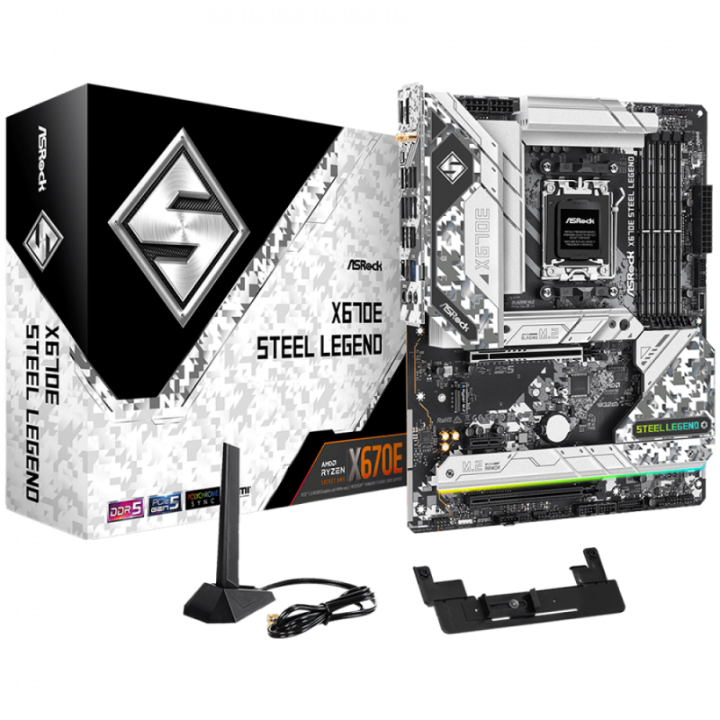 ASROCK MB Desktop X670E Steel Legend, AM5, 4x DDR5, 1x PCIe 5.0 x16, 1x PCIe 3.0 x16, 1x PCIe 3.0 x1, 4x SATA3, 3x Hyper M.2 (PCIe Gen4x4), 1x Blazing M.2(PCIe Gen5x4), 7.1 CH HD Audio, 1x HDMI, 1x DisplayPort, 2.5G LAN, Wi-Fi, BT