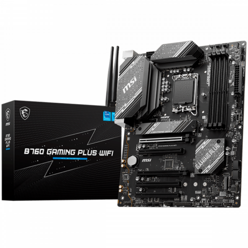 MSI B760 GAMING PLUS WIFI, ATX, Socket 1700, Intel B760 Chipset, Dual Channel DDR5 up to 6800(OC)MHz,5x PCIe x16 slot, 4xSATA 6G, 2x M.2 slot, 2x USB 3.2 Gen 1,4x USB 2.0, 1x HDMI, 1x DP, 2.5G LAN, 7.1 Audio, 3y warranty