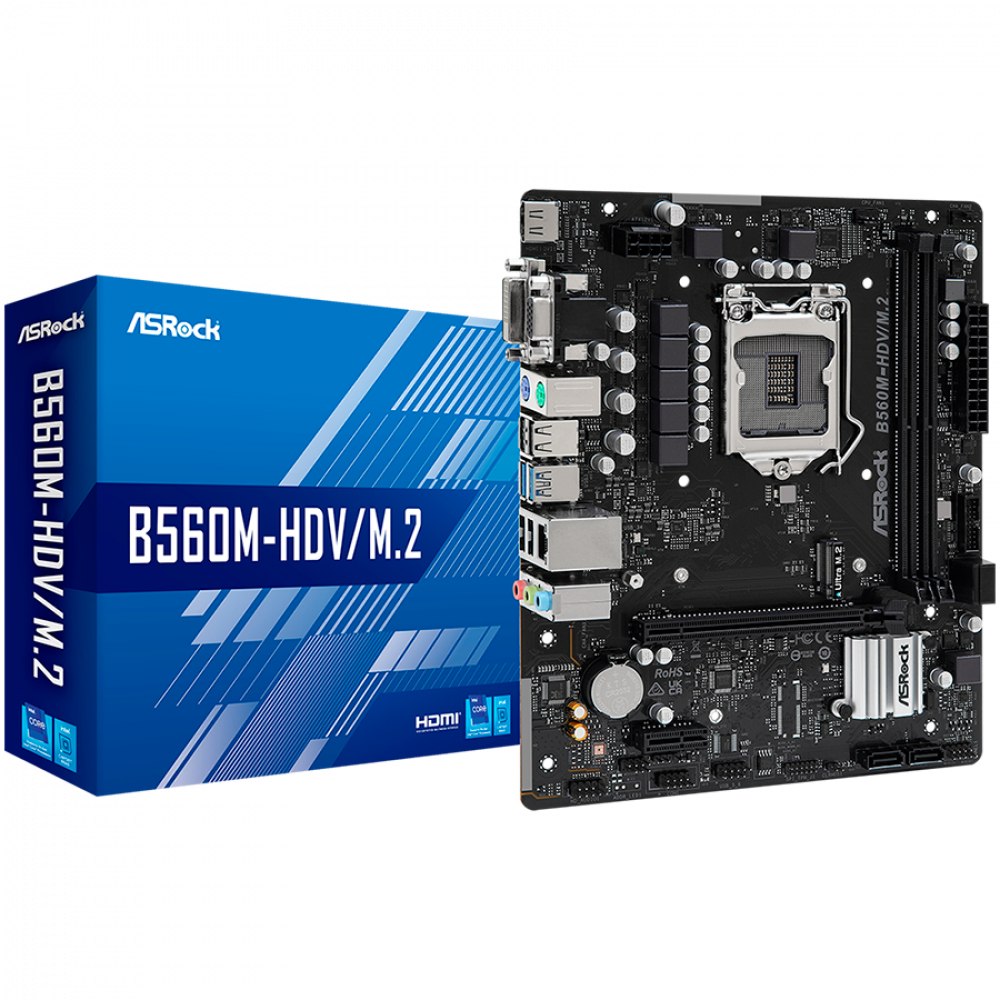 ASROCK Main Board Desktop B560M-HDV/M.2 (S1200, 2x DDR4, 1x PCIe 4.0 x16, 1x PCIe 3.0 x1, 4x SATA3 ,1x Ultra M.2, GLAN, 1x VGA, 1x DVI, 1x HDMI, 4x USB 3.2, 6x USB 2.0) mATX.