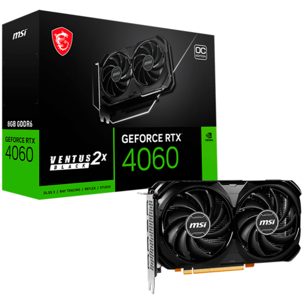 MSI Video Card Nvidia GeForce RTX 4060 VENTUS 2X BLACK 8G OC, 8GB GDDR6, 128bit, Boost: 2490 MHz, 3072 CUDA Cores, PCIe 4.0, 3x DP 1.4a, HDMI 2.1a, RAY TRACING, Dual Fan, 1x 8pin, 550W Recommended PSU, 3Y