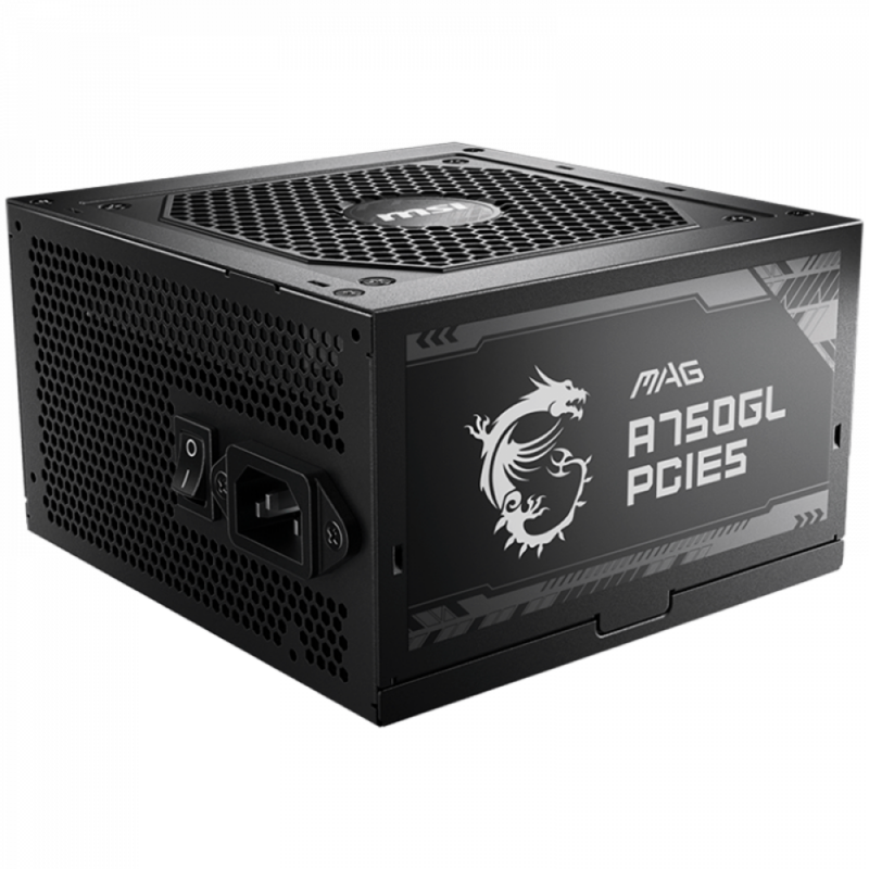 MSI MAG A750GL PCIE5, 750W, 80 Plus Gold, ATX Form Factor, 100~240 Vac Input Voltage, 47Hz ~ 63Hz Input Frequency, 120 mm Fan, 140 x 150 x 86mm, Active PFC, OCP, OVP, OPP, OTP, SCP, UVP, ATX, 2xEPS, 4XPCi-E, 8xSATA, 4xMOLEX, 1xFDD, 7Y