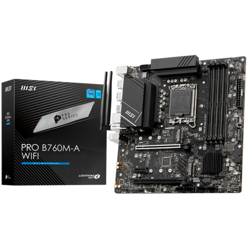 MSI PRO B760M-A WIFI, mATX, Socket 1700, Dual Channel 6800(OC)MHz, 2x PCIe x16 slots, 2x M.2 slots, 2x HDMI, 2x DP, 2x USB 3.2 Gen 2, 2x USB 3.2 Gen 1, 2x USB 2.0, 7.1 HD Audio, 2.5Gbps LAN, WI-FI 6E, BT, 3Y