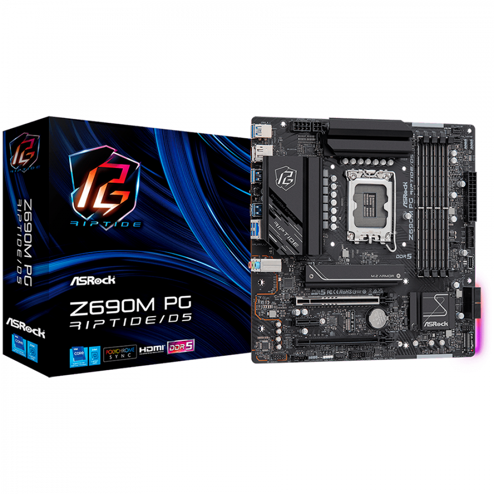 ASROCK Main Board Desktop Z690M PG Riptige/D5 (S1700, 4x DDR5, 1x PCIe 5.0 x16, 1x PCIe 4.0 x16, 1x PCIe 3.0 x1, 4x SATA3 6.0Gb/s, 2x m.2 PCIe Gen4x4, RAID 0,1,5,10, 8x USB 3.2, 2x USB-C 1x RJ-45 2.5G Lan, HDMI, DP) ATX, Retail