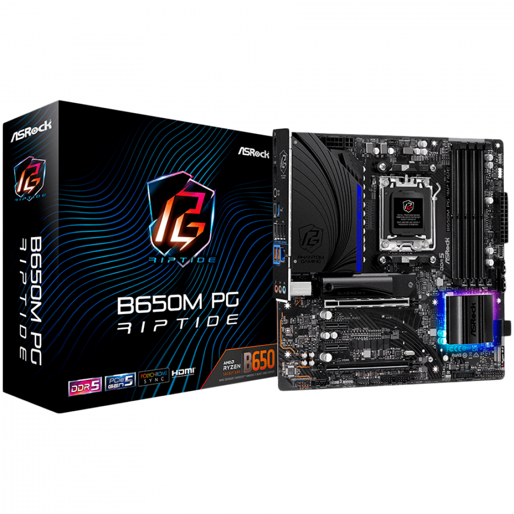 ASROCK MB Desktop B650M PG RIPTIDE, AM5, 4x DDR5, 2x PCIe 4.0 x16, 2x PCIe 3.0 x16, 1x Blazing M.2(PCIe Gen5x4), 1x Hyper M.2, 4x SATA3, RAID 0, 1, 10, 7.1 CH HD Audio, 1x HDMI, 1x DP, 2.5G LAN, 7x USB 3.2, 8x USB 2.0, USB-C, mATX
