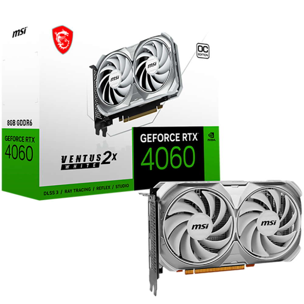 MSI Video Card Nvidia GeForce RTX 4060 VENTUS 2X WHITE 8G OC, 8GB GDDR6, 128bit, Boost: 2490 MHz, 3072 CUDA Cores, PCIe 4.0, 3x DP 1.4a, HDMI 2.1a, RAY TRACING, Dual Fan, 1x 8pin, 550W Recommended PSU, 3Y