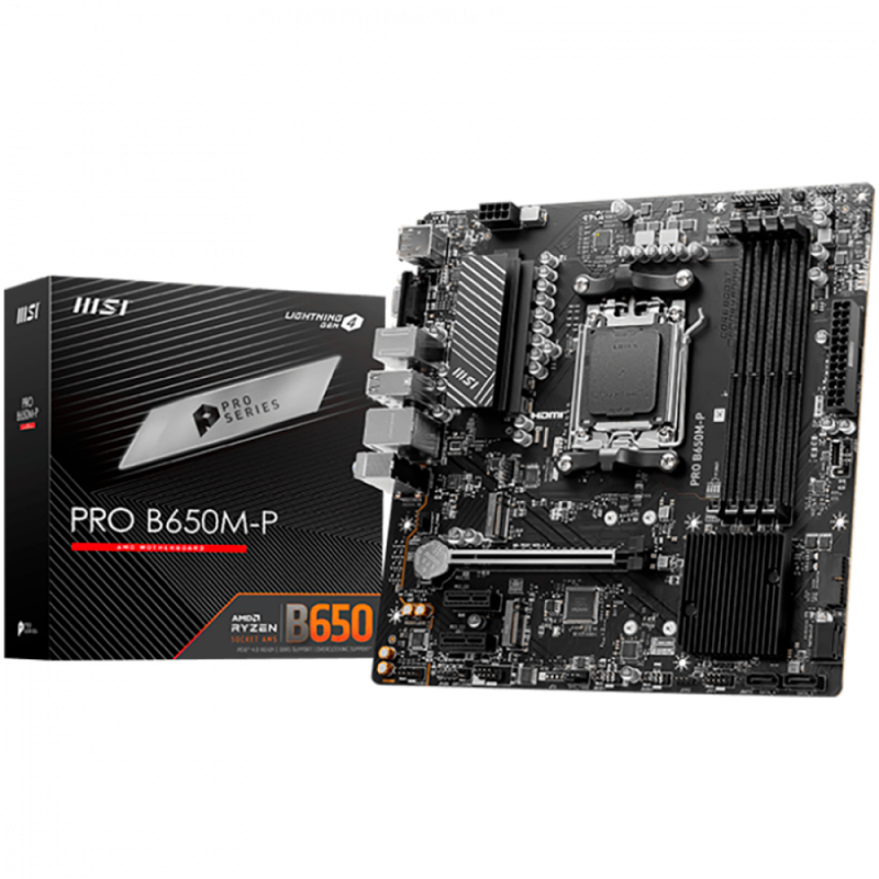MSI PRO B650M-P,ATX, Socket AM5,AMD B650, 4xDDR5, Dual Channel DDR5 up to 7200+(OC)MHz,1x PCIe 4.0/3.0 x16 slot,2x M.2 slots,2x USB 3.2 Gen 2 (1x Type-C),2x USB 3.2 Gen 1,4x USB 2.0,1x HDMI,1x DP,2.5G LAN,7.1 Audio,3y warranty