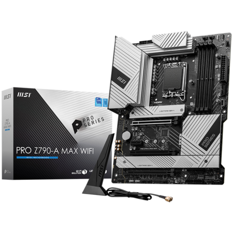 MSI PRO Z790-A MAX WIFI, ATX, Socket 1700, Dual Channel 4xDDR5 7800+(OC)MHz, 3x PCIe x16 slot, 4x M.2 slot, 1x HDMI, 2x USB 3.2 Gen 1, 4x USB 2.0, 1x USB 3.2 Gen 2, 7.1 HD Audio, 2.5Gbps LAN, 3Y