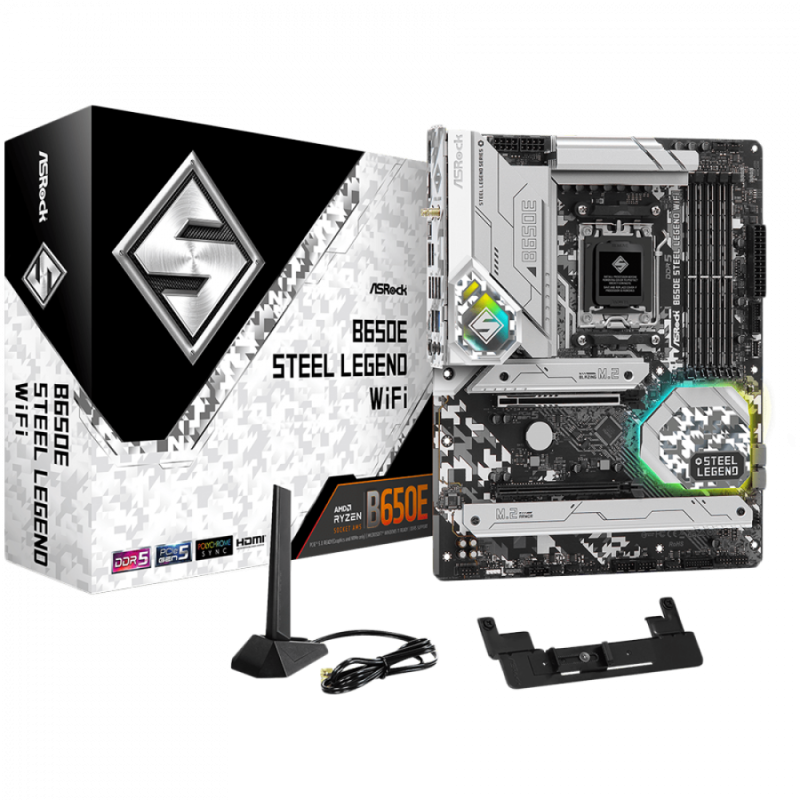 ASROCK MB Desktop B650E Steel Legend, AM5, 4x DDR5, 1x PCIe 5.0 x16, 1x PCIe 3.0 x16, 1x Blazing M.2(PCIe Gen5x4), 2x Hyper M.2(PCIe Gen4x4), 2x SATA3 6.0 Gb/s, 7.1 CH HD Audio, 1x HDMI, 1x DisplayPort, 2.5G LAN, 802.11ax Wi-Fi 6E + Bluetooth