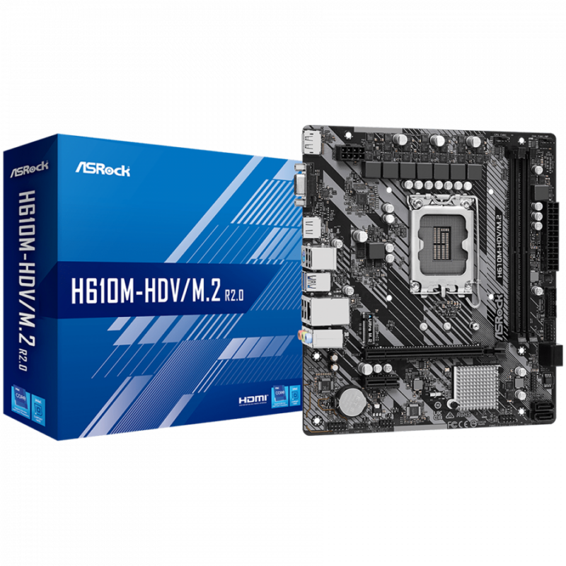 ASROCK Main Board Desktop H610M-HDV/M.2 (S1700, 2x DDR4, 1x PCIe 4.0 x16, 1x PCIe 3.0 x1, 4x SATA3 6.0Gb/s, 1x m.2 PCIe, 4x USB 3.2, 6x USB 2.0, 1x Com port header, 1x VGA, 1x HDMI, 1x DP 1.4, 1x GLAN, mATX) Retail