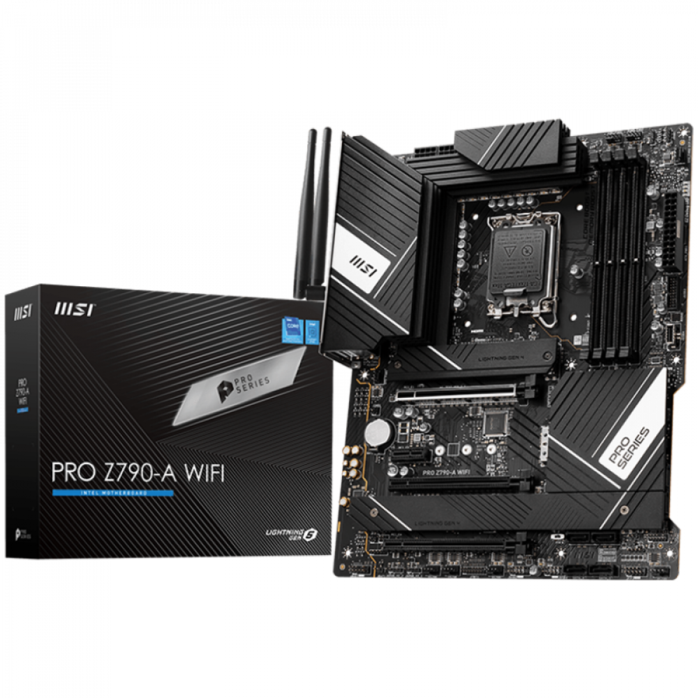 MSI PRO Z790-S WIFI , LGA 1700, INTEL Z790, 4xDDR5, Dual Channel DDR4 up to 7200+(OC)MHz, 3.0 x16 slot, 2x M.2 slots, 1x USB 3.2 Gen 2 (Type-C), 2x USB 3.2 Gen 1, 4x USB 2.0, 1x HDMI, 4x EZ Debug LED, 2.5G LAN, 7.1 Audio, ATX, 3y