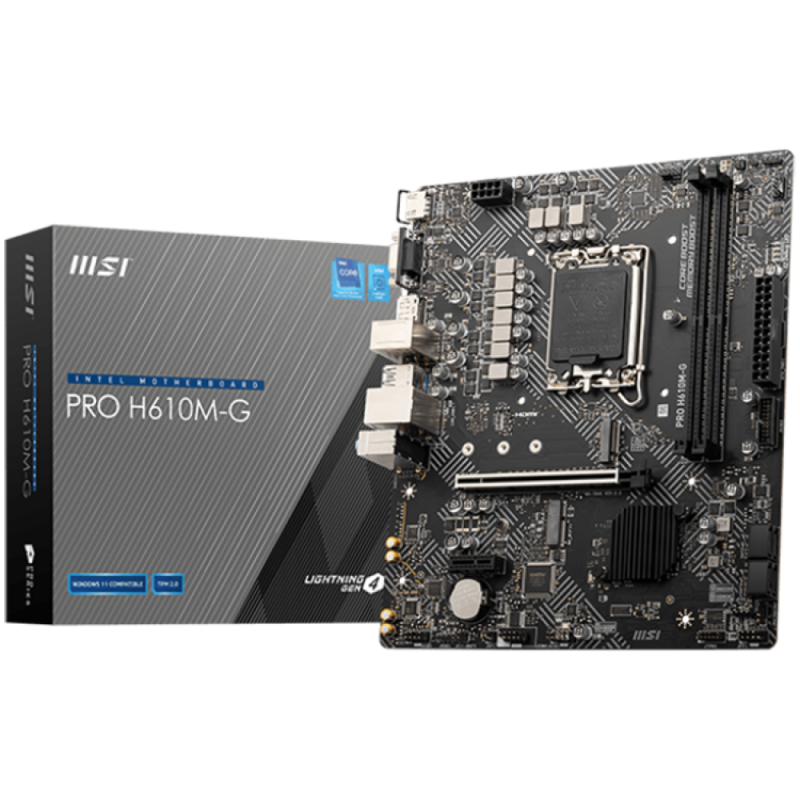 MSI PRO H610M-G, mATX, LGA1700, Dual Channel DDR5 5600+MHz, 1x PCIe x16 slot, 1x M.2 slot, 1x HDMI, 1x VGA, 2x USB 3.2 Gen 1, 4x USB 2.0, 7.1 HD Audio, Realtek ALC897 Codec, 1G LAN, 3Y