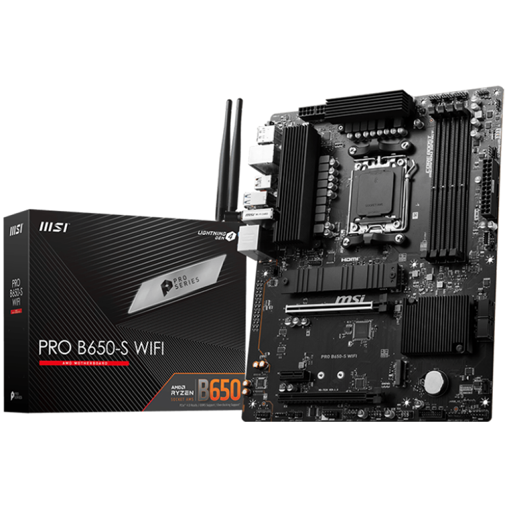 MSI PRO B650-S WIFI,ATX, Socket AM5,AMD B650 Chipset,4 DIMMs,Dual Channel DDR5 up to 7200+(OC)MHz,2x PCI-Ex16 slot, 2x M.2, 2x USB 3.2 Gen 2, 4x USB 3.2 Gen 1,4x USB 2.0,1x HDMI,1x DP,2.5G LAN,7.1 Audio,3y warranty