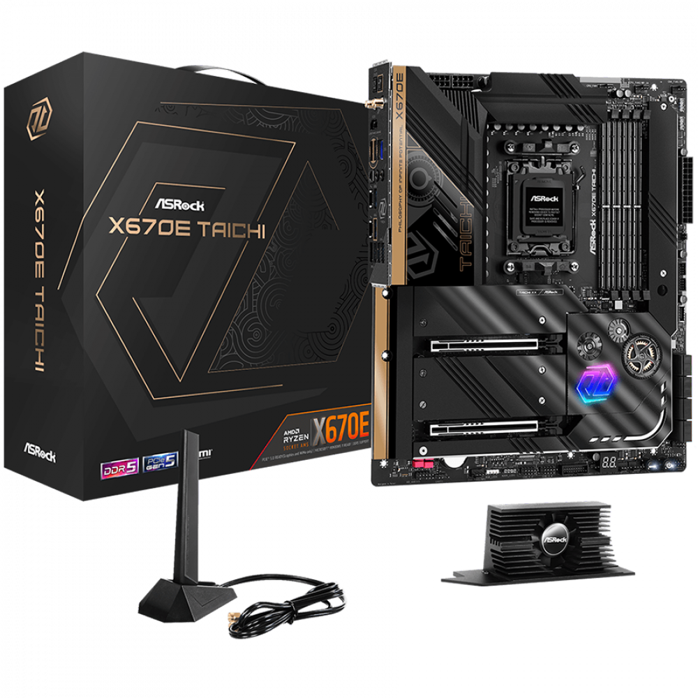 ASROCK MB Desktop X670E Taichi, AM5, 4x DDR5, 2x PCIe 5.0 x16, 8x SATA3, 3x Hyper M.2 (PCIe Gen4x4), 1x Blazing M.2(PCIe Gen5x4), 2x USB-C, 13x USB 3.2, 5.1 CH HD Audio, 1x HDMI, 2.5G LAN, Wi-Fi, BT, 1x SPDIF