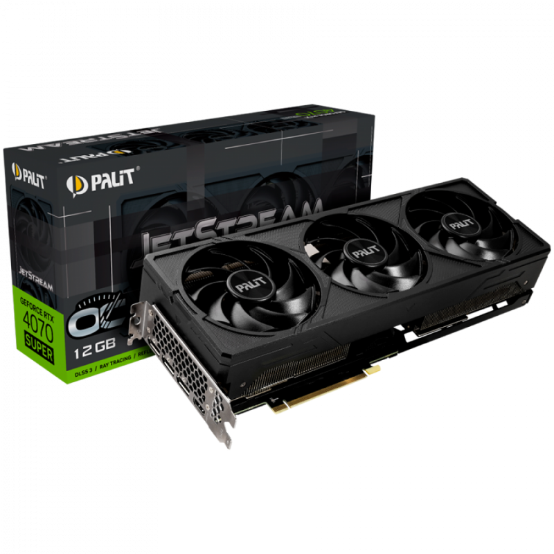 Palit RTX 4070 Super JetStream OC 12GB GDDR6X, 192 bit, 1x HDMI 2.1a, 3x DP 1.4a, 3 fan, 1x 16-pin or 2x 8-pin Power connector, recommended PSU 750W, NED407ST19K9-1043J