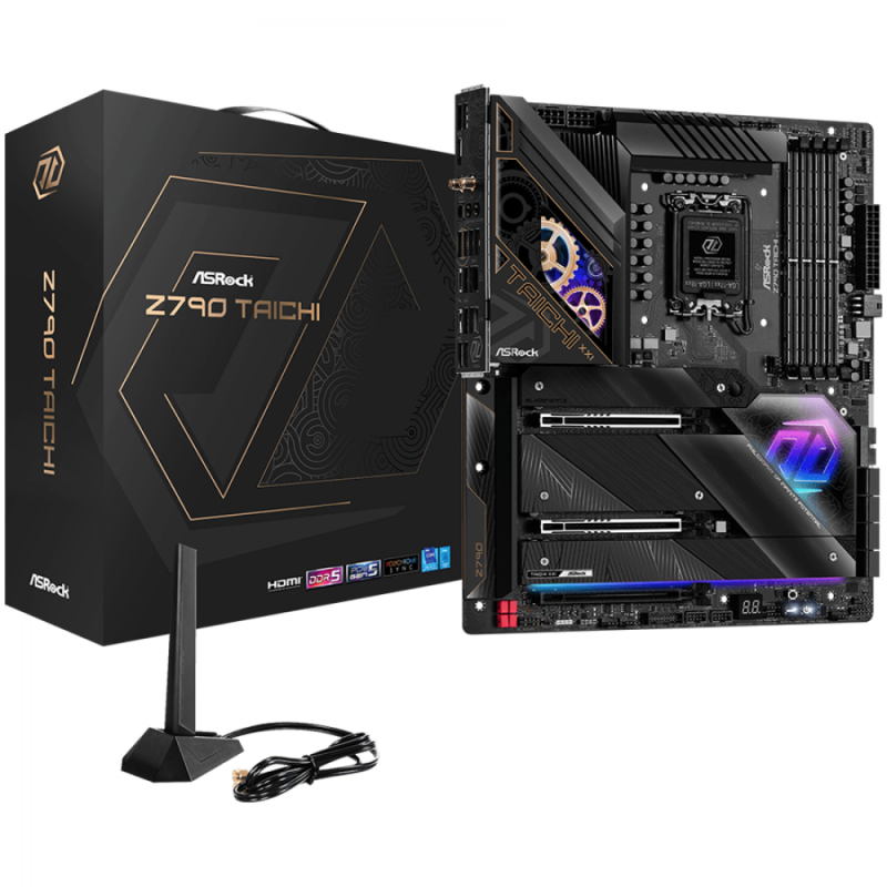 ASROCK MB Desktop Z790 Taichi, S1700, 4x DDR5, 2x PCIe 5.0 x16, 1x PCIe 4.0 x16, 4x Hyper M.2, 1x Blazing M.2, 1x Hyper M.2, 8x SATA3, 3x USB-C, 12x USB 3.2, 6x USB 2.0, 1x RJ-45 2.5GB Lan, 802.11ax Wi-Fi 6E + BT 5.3, 1x HDMI, 1x SPDIF, ATX