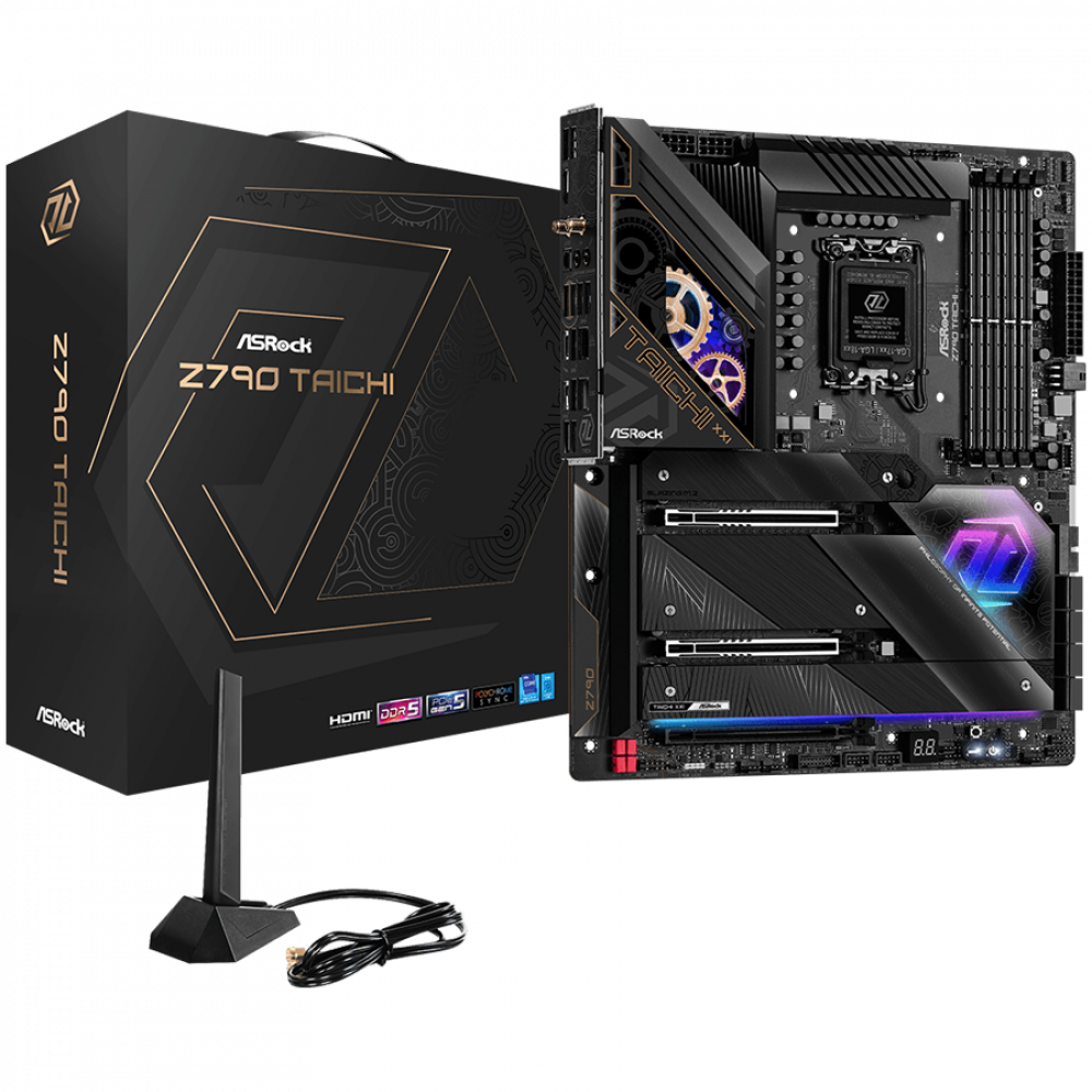 ASROCK MB Desktop Z790 Taichi, S1700, 4x DDR5, 2x PCIe 5.0 x16, 1x PCIe 4.0 x16, 4x Hyper M.2, 1x Blazing M.2, 1x Hyper M.2, 8x SATA3, 3x USB-C, 12x USB 3.2, 6x USB 2.0, 1x RJ-45 2.5GB Lan, 802.11ax Wi-Fi 6E + BT 5.3, 1x HDMI, 1x SPDIF, ATX