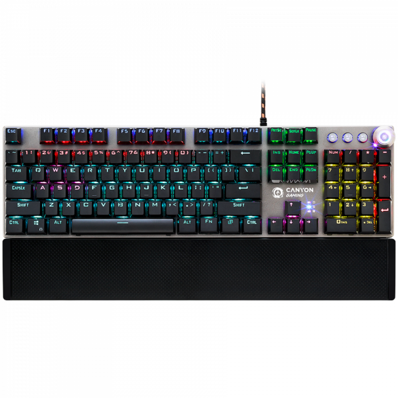 CANYON Nightfall GK-7, Wired Gaming Keyboard,Black 104 mechanical switches,60 million times key life, 22 types of lights,Removable magnetic wrist rest,4 Multifunctional control knob,Trigger actuation 1.5mm,1.6m Braided cable,US layout,dark grey, size:435*125*37.47mm