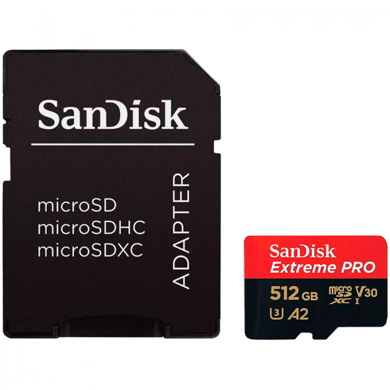 SanDisk Extreme PRO microSDXC 512GB + SD Adapter + 2 years RescuePRO Deluxe up to 200MB/s & 140MB/s Read/Write speeds A2 C10 V30 UHS-I U3