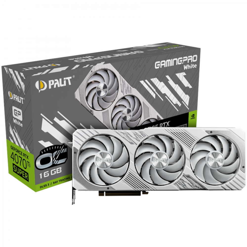 Palit GeForce RTX 4070Ti Super GamingPro White OC 16GB GDDR6X, 256 bit, 2340 Mhz/2655 Mhz, 1x HDMI 2.1a, 3x DP 1.4a, 3 Fan, 1x 16-pin pwr connector, recommended pwr 750W, NED47TST19T2-1043W