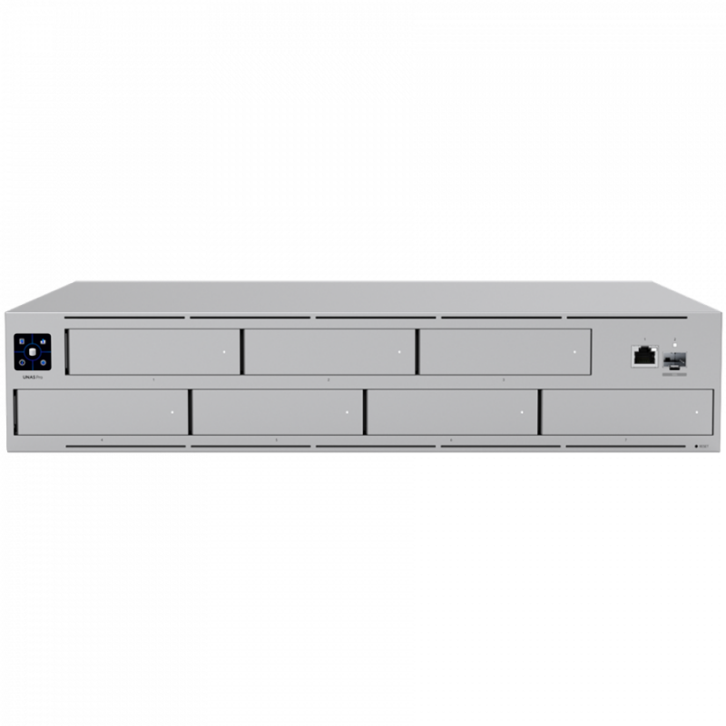 Ubiquiti UNAS-Pro-EU 2U rack-mount NAS with (7) 2.5/3.5" drive bays and 10 Gbps performance designed for large-scale file storage and sharing, (7) 2.5/3.5" HDD / SSD support, 10G SFP+ uplink and (1) GbE RJ45 port