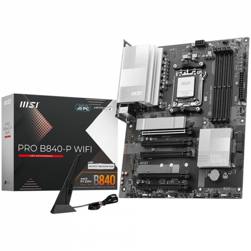 MSI PRO B840-P WIFI, ATX, Socket AM5, 4x DDR5 Dual Channel DDR5 up to 8000(OC)MHz, 5x PCIe x16 slot, 2x M.2 slot, 4x USB 2.0, 2x USB 5Gbps, 1x USB 10Gbps, 1x USB 10Gbps Type-C, HDMI, 7.1 HD Audio, 2.5G LAN, WiFi, BT, 3Y