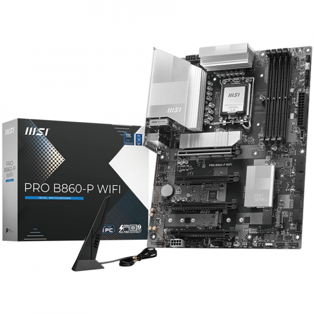 MSI PRO B860-P WIFI, ATX, LGA 1851, 4x DDR5 Dual Channel DDR5 up to 8600(OC)MHz, 4x PCIe x16 slot, 3x M.2 slot, 4x USB 2.0, 2x USB 5Gbps, 2x USB 10Gbps, 1x USB 40Gbps Type-C, HDMI, DP, 7.1 HD Audio, 5G LAN, WiFi, BT, 3Y