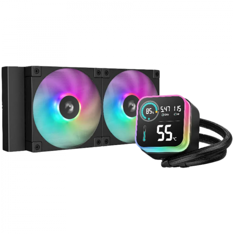 DeepCool LQ240, 240mm CPU Liquid Cooler, 2x120mm ARGB PWM Fans, LED Screen, Anti-Leak Technology, Black, LGA1851/1700/1200/1151/1150/1155, AMD AM5/AM4, 5Y, R-LQ240-BKLSMW-G-1