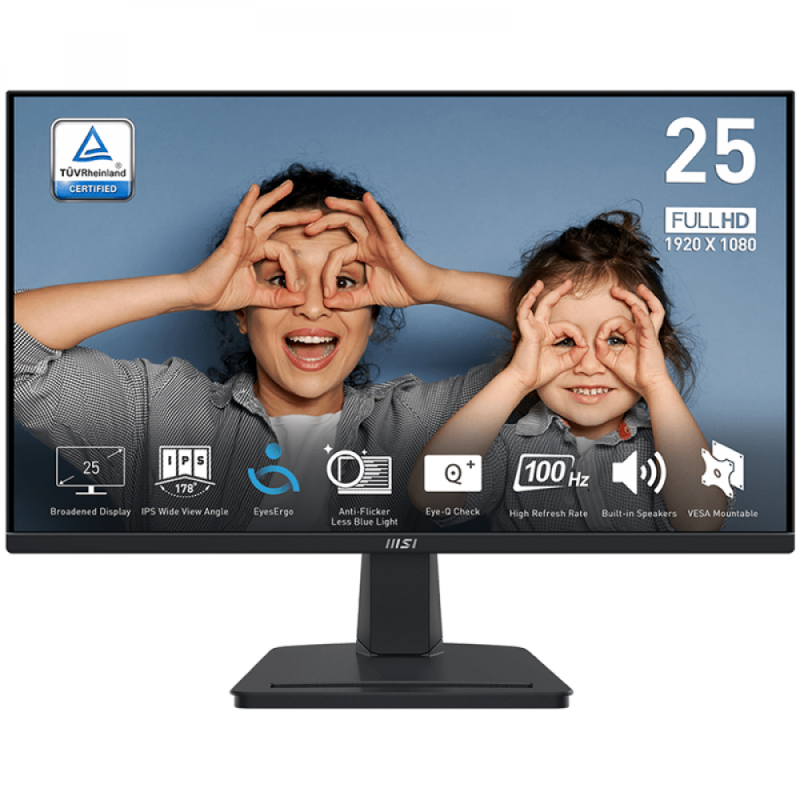 MSI PRO MP251 Professional Business Monitor, 24.5" 100Hz, FHD (1920x1080) 16:9, IPS Anti-glare, 1ms/4ms, 300nits, 1300:1, 178/178, Adaptive-Sync, Tilt, Speakers, 1x D-Sub(VGA), 1x HDMI, 3Y Warranty