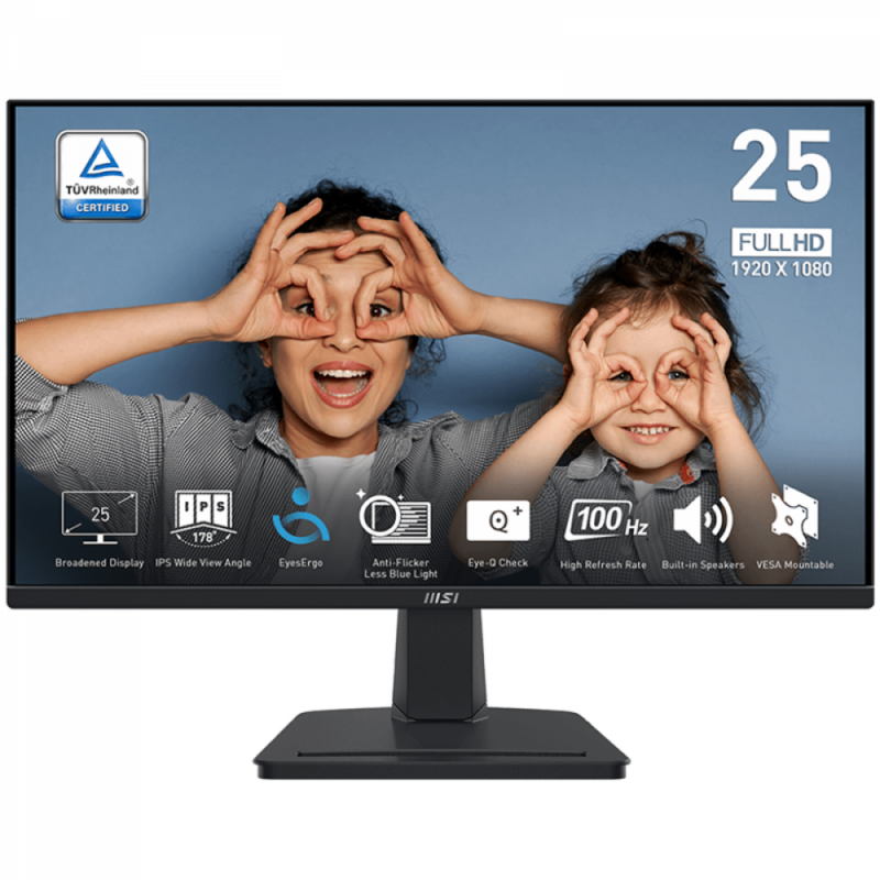 MSI PRO MP251 Professional Business Monitor, 24.5" 100Hz, FHD (1920x1080) 16:9, IPS Anti-glare, 1ms/4ms, 300nits, 1300:1, 178/178, Adaptive-Sync, Tilt, Speakers, 1x D-Sub(VGA), 1x HDMI, 3Y Warranty