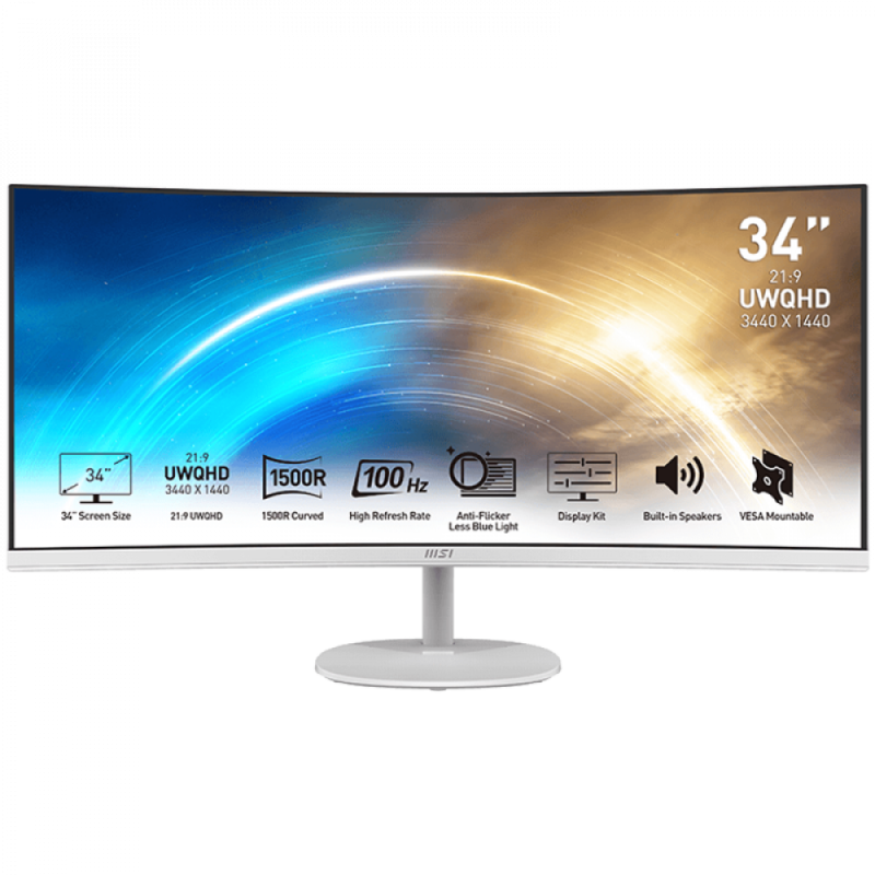 MSI PRO MP341CQW Professional Business Monitor, 34", 100Hz, UWQHD (3440x1440) 21:9, VA Anti-glare, 1ms/4ms, 3000:1, 178/178, 1500R Curve, FreeSync, 2x HDMI, 1x DP, Tilt, Speakers, White, 3Y Warranty