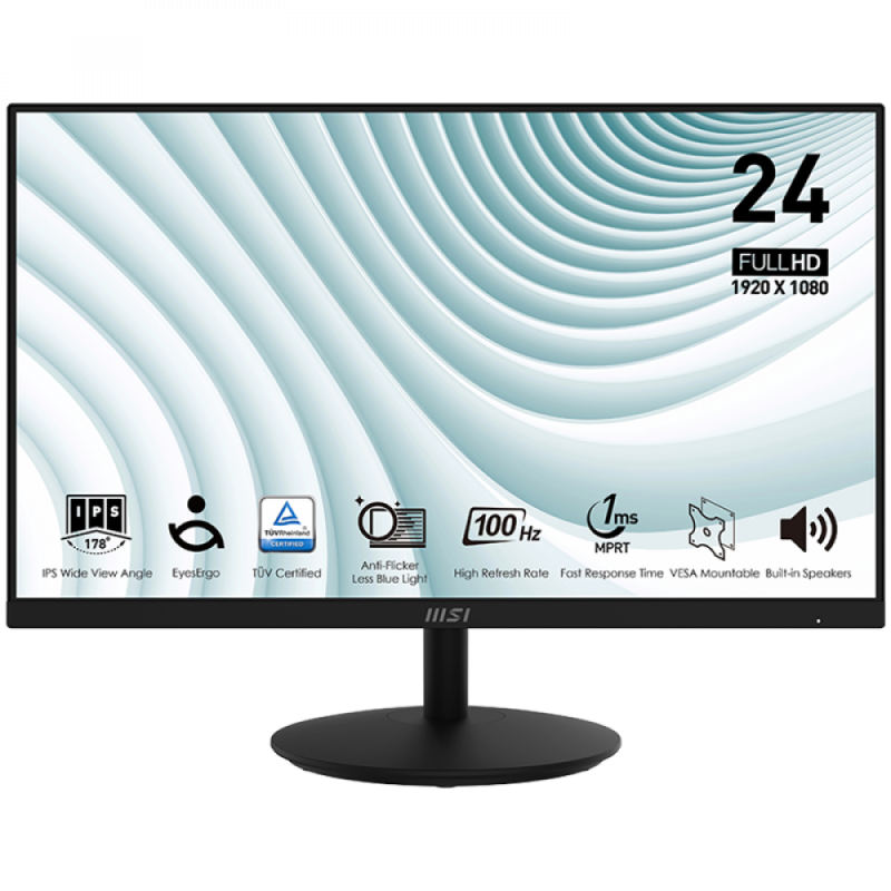 MSI PRO MP242A Professional Business Monitor, 23.8" 100Hz, FHD (1920x1080) 16:9, IPS Anti-glare, 1ms/4ms, 300nits, 1000:1, 178/178, Adaptive-Sync, Tilt, 1x D-Sub(VGA), 1x HDMI, 1x DP, Speakers, 3Y Warranty