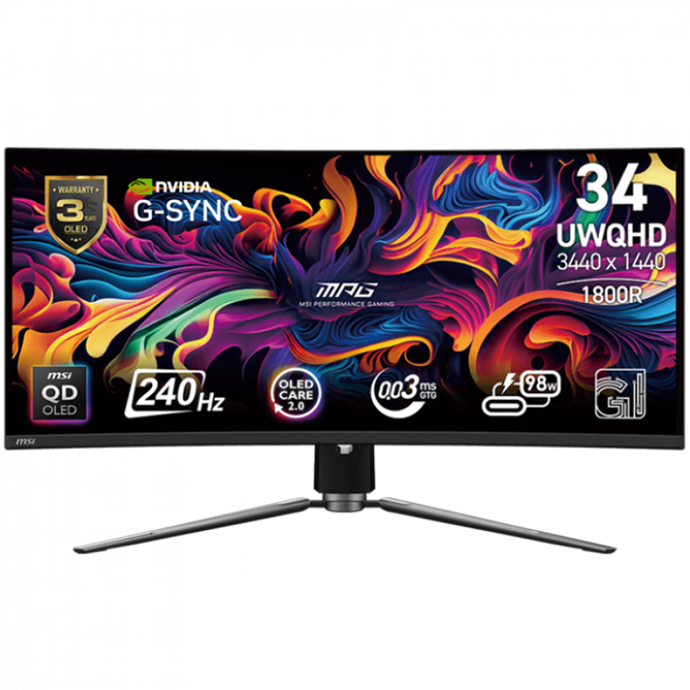 MSI MPG 341CQPX QD-OLED Gaming Monitor, 34.18" 240Hz, UWQHD (3440x1440) 21:9, QD-OLED Anti-Reflection, 0.03ms, 250nits, 1500000:1, 178/178, G-Sync Compatible, DisplayHDR True Black 400, Adjustable Stand, 1x DP, 2x HDMI, 1x Type-C 98W, 3Y Warranty