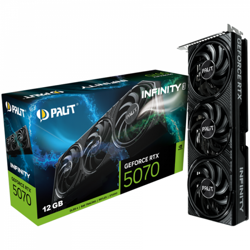 PALIT GeForce RTX 5070 Infinity 3 12GB GDDR7 192 bit, 1x HDMI 2.1b, 3x DP 2.1b, 3 Fan, 1x 16-pin pwr connector, 650W, board size 291.9 x 116.6 x 41.3 mm, NE75070019K9-GB2050S