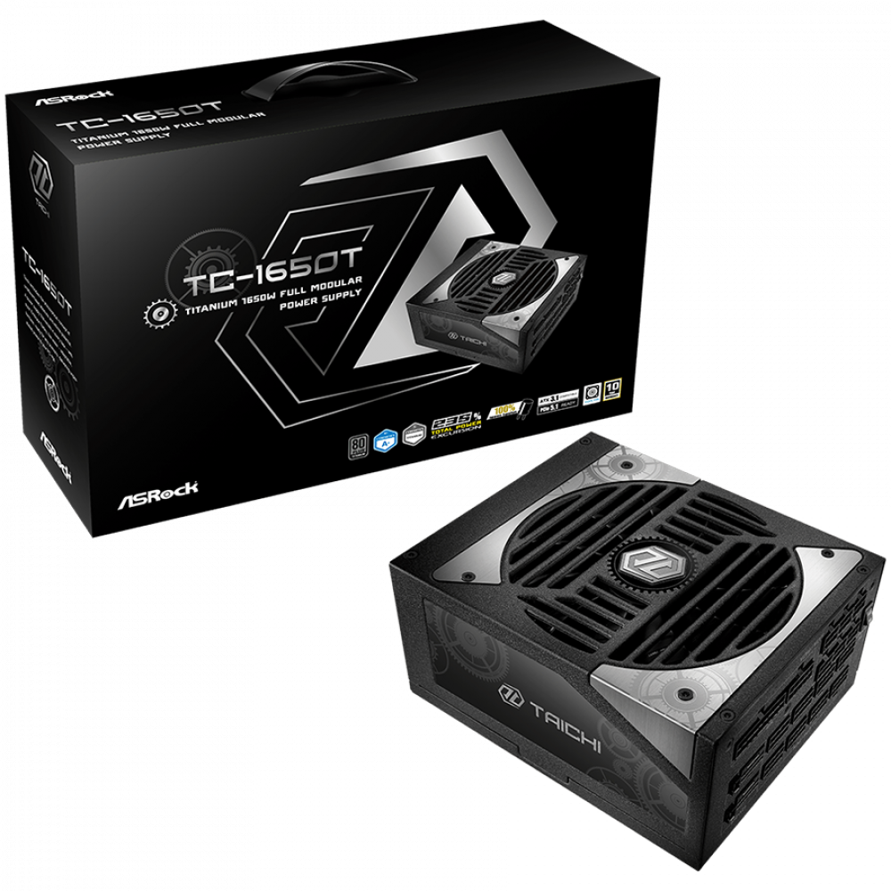 Asrock TC-1650T, 1650W, 80 Plus Titanium, Fully Modular PSU, Japanese Capacitors, 2x EPS 12V CPU(4+4pin), 2x PCIe5.1 (12+4pin), 8x PCIe (6+2pin), 6x 4-pin connectors, 12x SATA, OCP, SCP, OVP, UVP, OTP, OPP protections, 135 mm Axial Fan, ATX 3.1