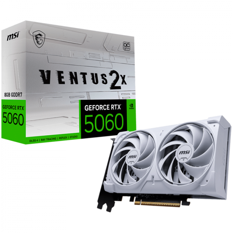 MSI Video Card NVIDIA GeForce RTX 5060 8G VENTUS 2X OC WHITE, 8GB GDDR7, 128-bit, 2535 MHz Boost, 3840 CUDA Cores, PCIe 5.0 (x8), 3x DP 2.1b, HDMI 2.1b, RAY TRACING, Dual Fan, 145W TDP, 8-pin PCIe Power, G-SYNC, 2-Slot, 3Y