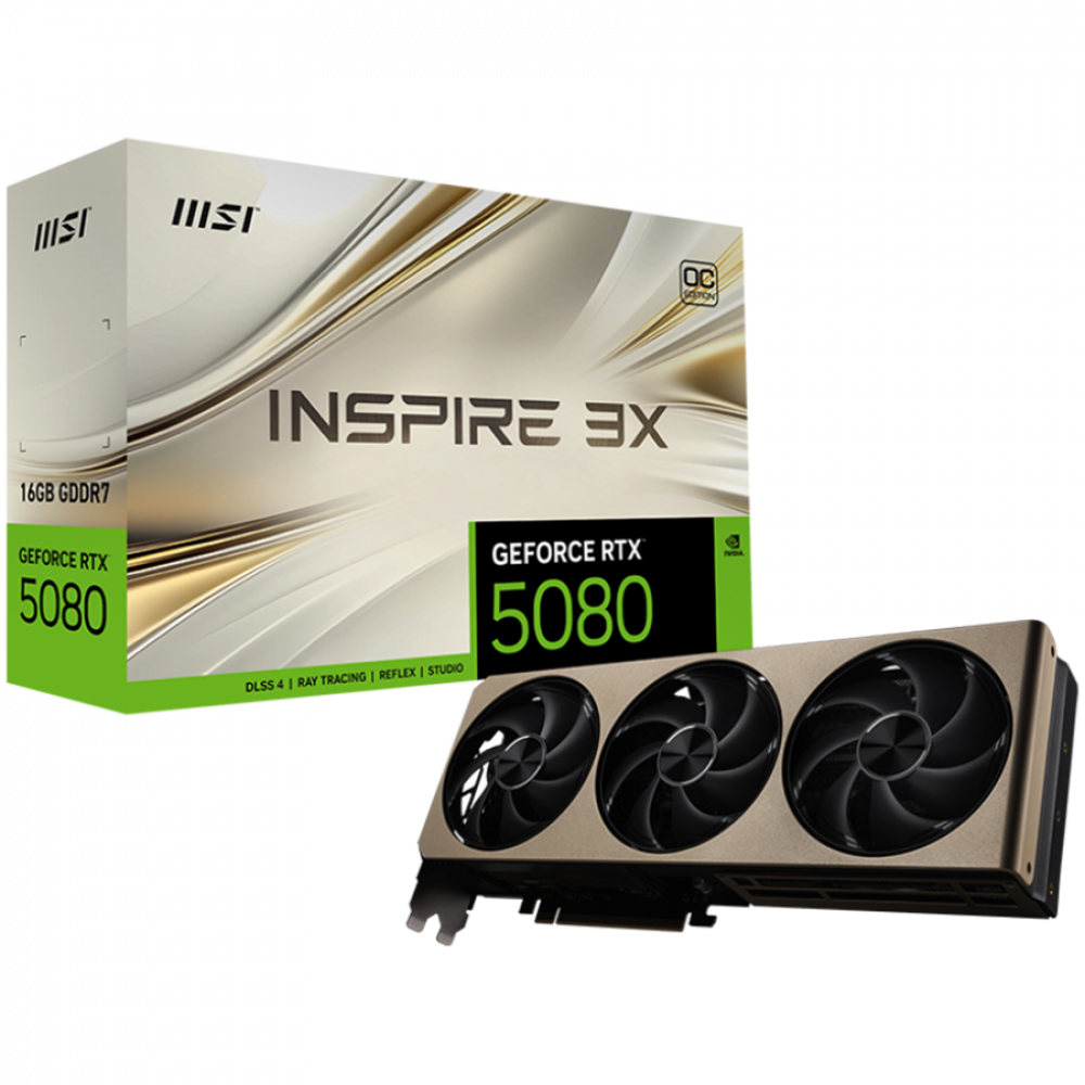MSI Video Card Nvidia GeForce RTX 5080 16G INSPIRE 3X OC, 16GB GDDR7, 256bit, Effective Memory Clock: 30000MHz, Boost: 2640 MHz, 10752 CUDA Cores, PCIe 5.0, 3x DP 2.1b, HDMI 2.1b, RAY TRACING, Triple Fan, 1x16pin, 850W Recommended PSU, 3Y