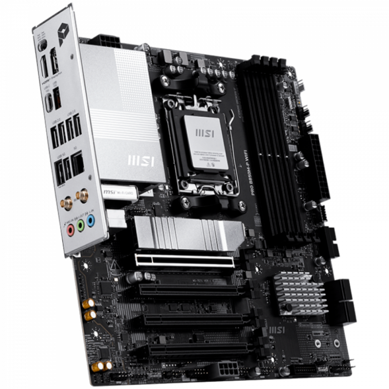MSI PRO B850M-P WIFI, mATX, Socket AM5, 4x DDR5 Dual Channel DDR5 up to 8200(OC)MHz, 4x PCIe x16 slot, 3x M.2 slot, 4x USB 2.0, 2x USB 5Gbps, 1x USB 10Gbps, 1x USB 10Gbps Type-C, DP, 7.1 HD Audio, 5G LAN, WiFI 7, BT, 3Y