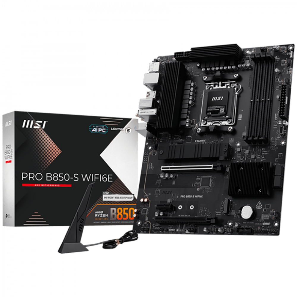 MSI PRO B850-S WIFI6E, ATX, Socket AM5, 4x DDR5 Dual Channel up to 8200(OC)MHz, 2x PCIe x16 slot, 2x M.2 slot, 4x USB 5Gbps, 3x USB 10Gbps, 1x USB 10Gbps Type-C, HDMI, DP, 7.1 HD Audio, 2.5G LAN, WiFI 6E, BT, 3Y