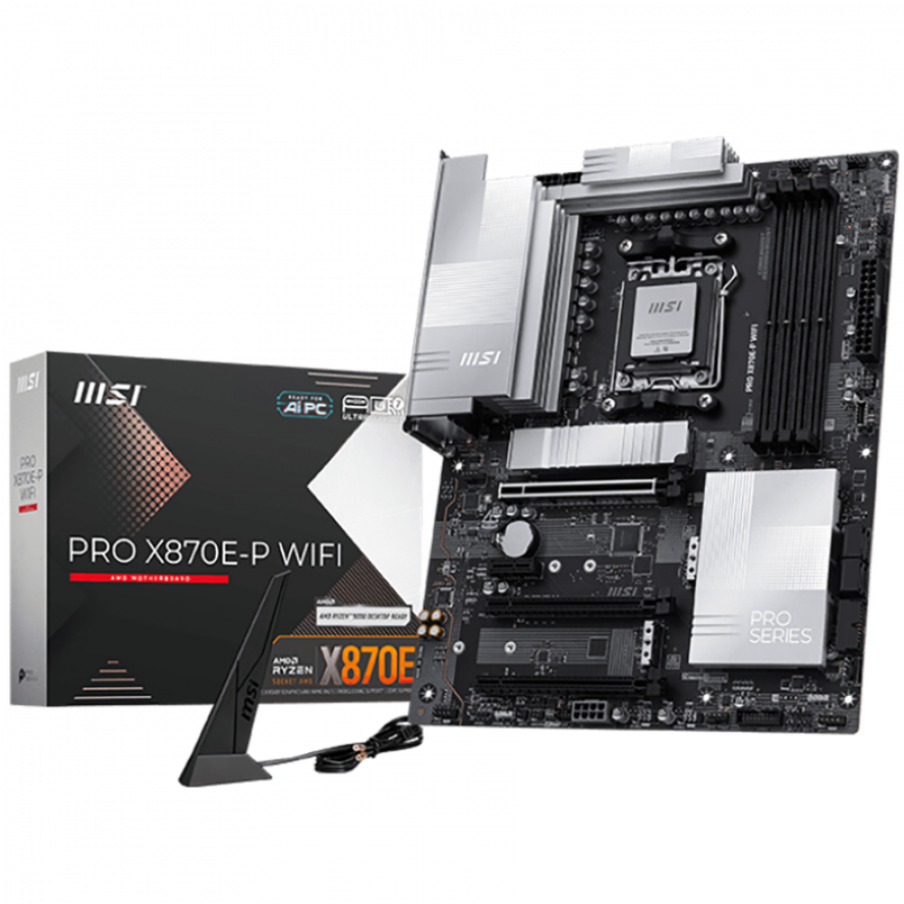 MSI PRO X870E-P WIFI, ATX, Socket AM5, 4x DDR5 Dual Channel DDR5 up to 8200(OC)MHz, 3x PCIe x16 slot, 3x M.2 slot, 4x USB 2.0, 2x USB 5Gbps, 2x USB 10Gbps, 1x 20Gbps Type-C, 1x 40Gbps Type-C, HDMI, 7.1 HD Audio, 5G LAN, WiFI 7, BT, 3Y
