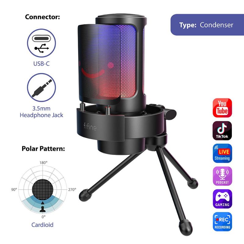 Настолен микрофон FIFINE A8V RGB - Black - Image 2